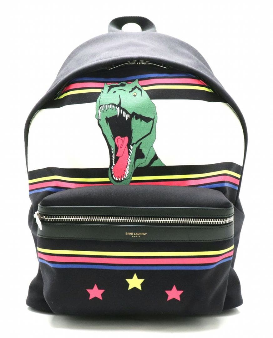 SAINT LAURENT 恐竜プリントリュックレザー キャンバス ブラック