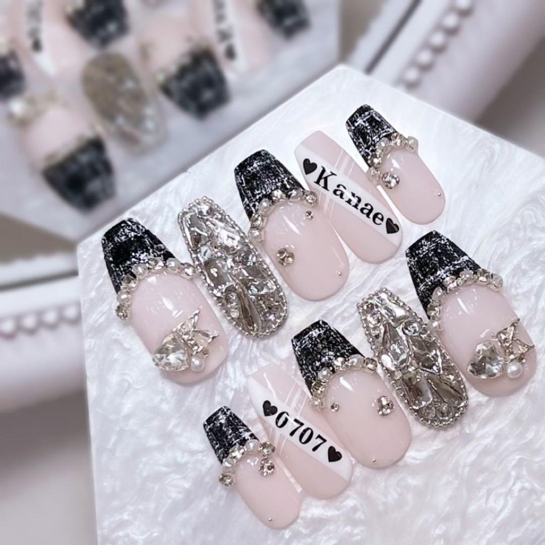 お急ぎ便A♥ ネイルチップ 量産型 フレンチ ツイード ワンホン シンプル 現品