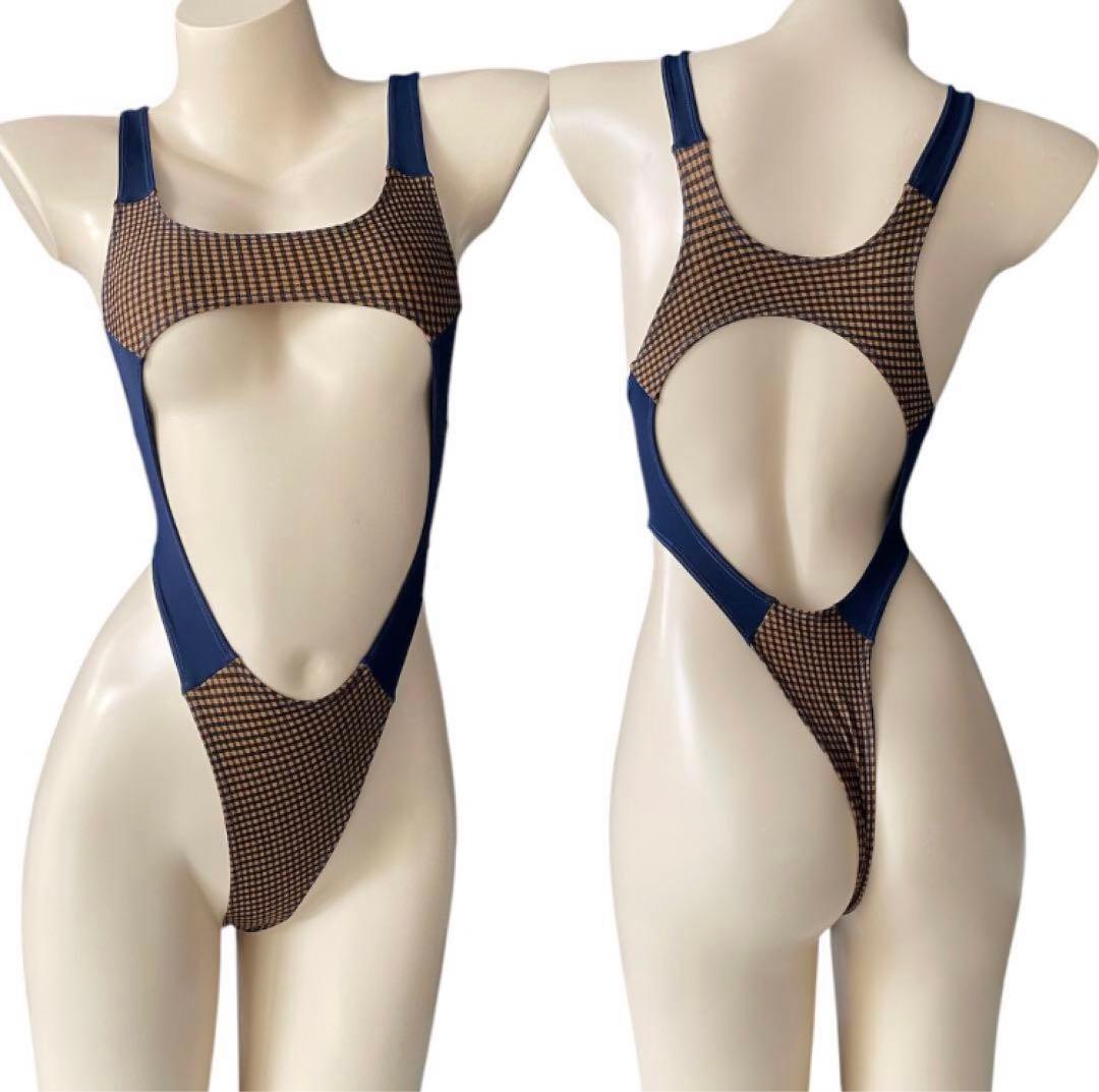 レオタード　ハイレグ　穴あき　くるみ格子×ネイビー