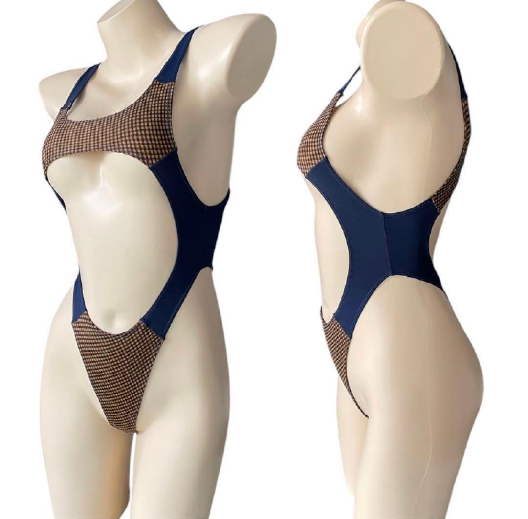 レオタード　ハイレグ　穴あき　くるみ格子×ネイビー