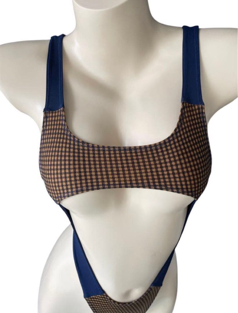 レオタード　ハイレグ　穴あき　くるみ格子×ネイビー