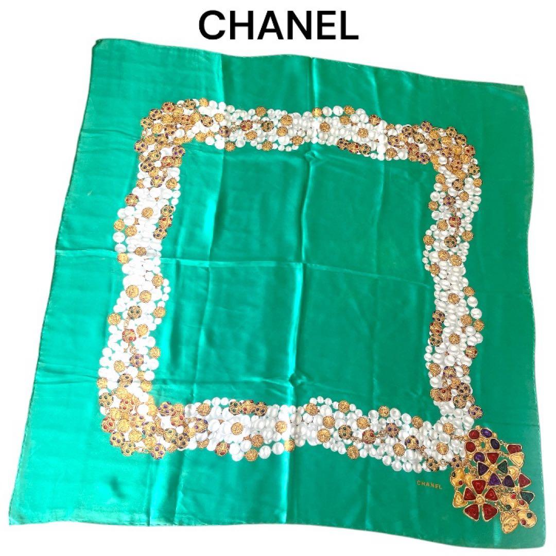 CHANEL スカーフ グリポア柄 宝石 グリーン ヴィンテージ シルク 大判