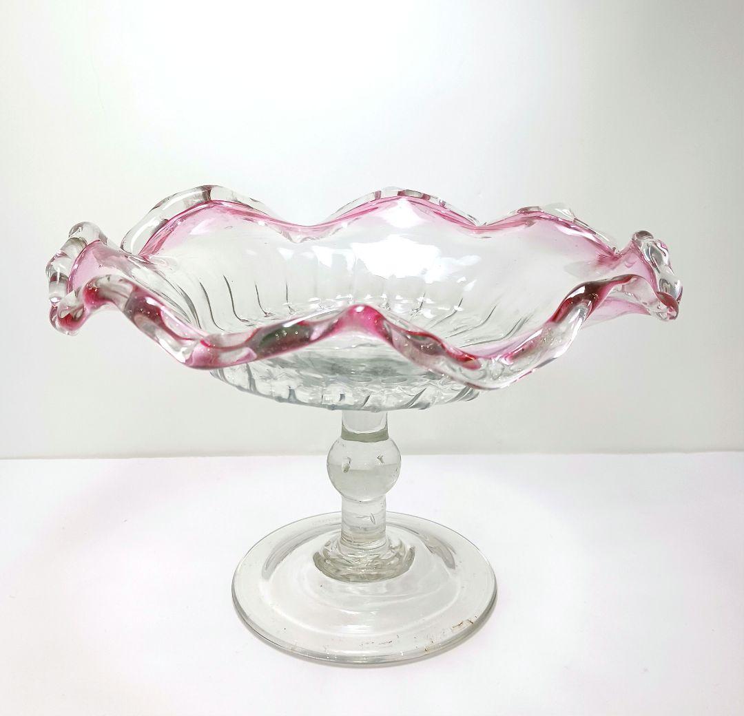 Y2680-1 時代レトロ 赤縁ガラス 大型コンポート 皿 サイン入り #6