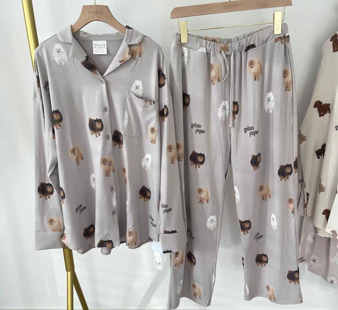ジェラートピケ　ポメラニアン柄　グレー　上下セット　15-5