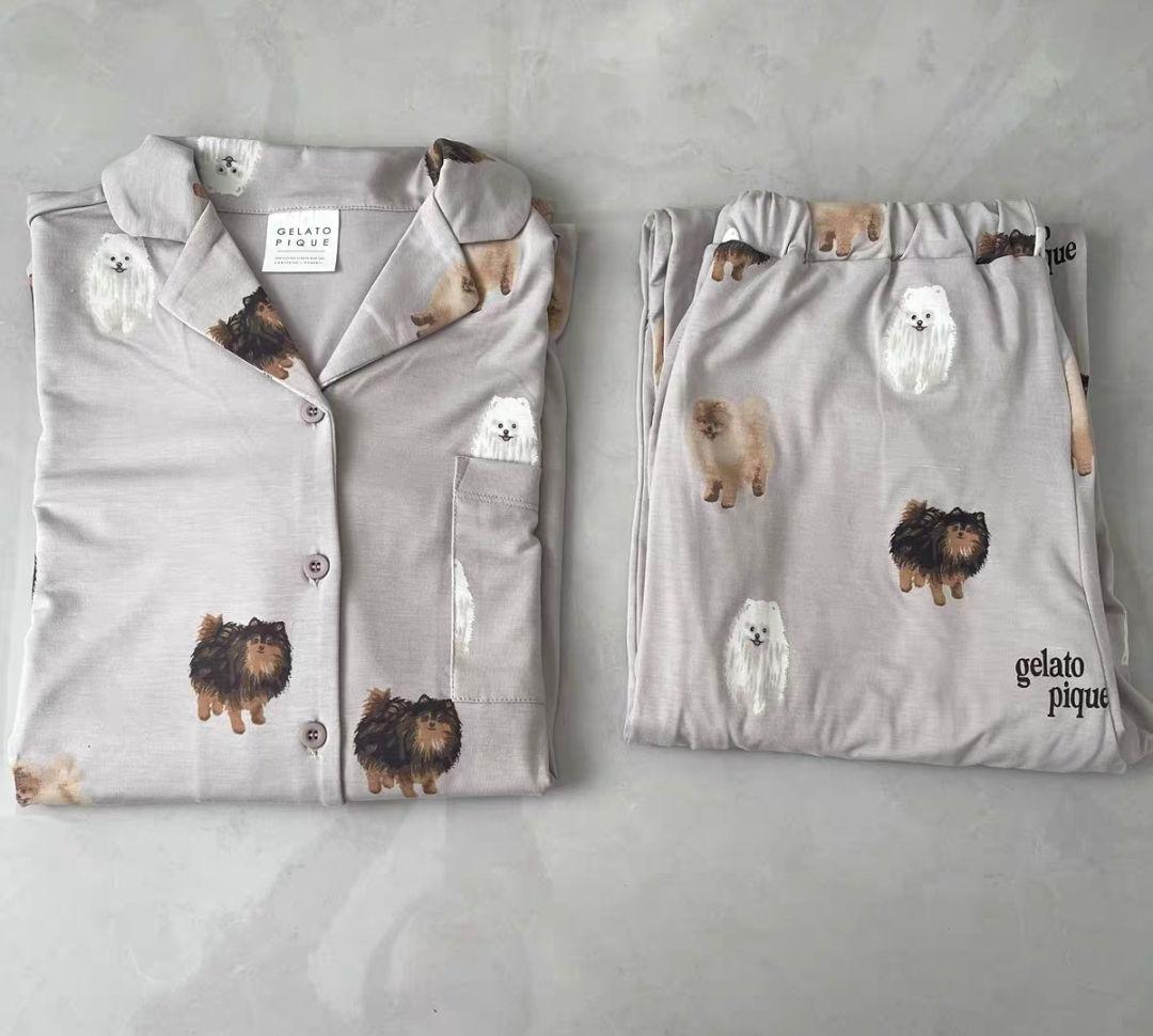 ジェラートピケ　ポメラニアン柄　グレー　上下セット　15-5
