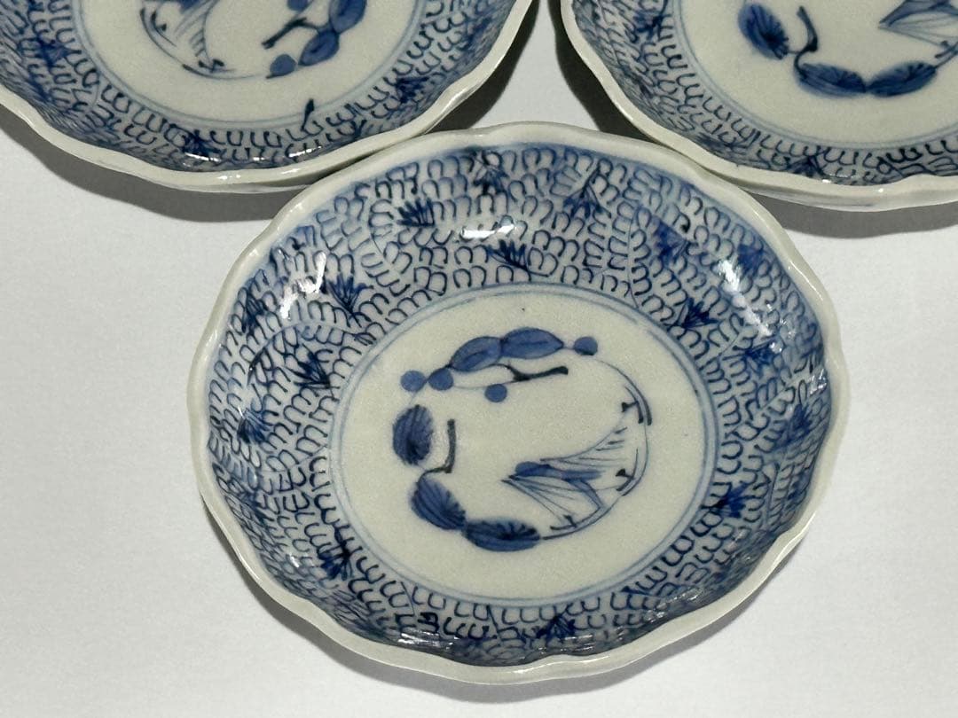 江戸期 古伊万里 染付 微塵唐草文様 輪花豆皿 小皿 3枚