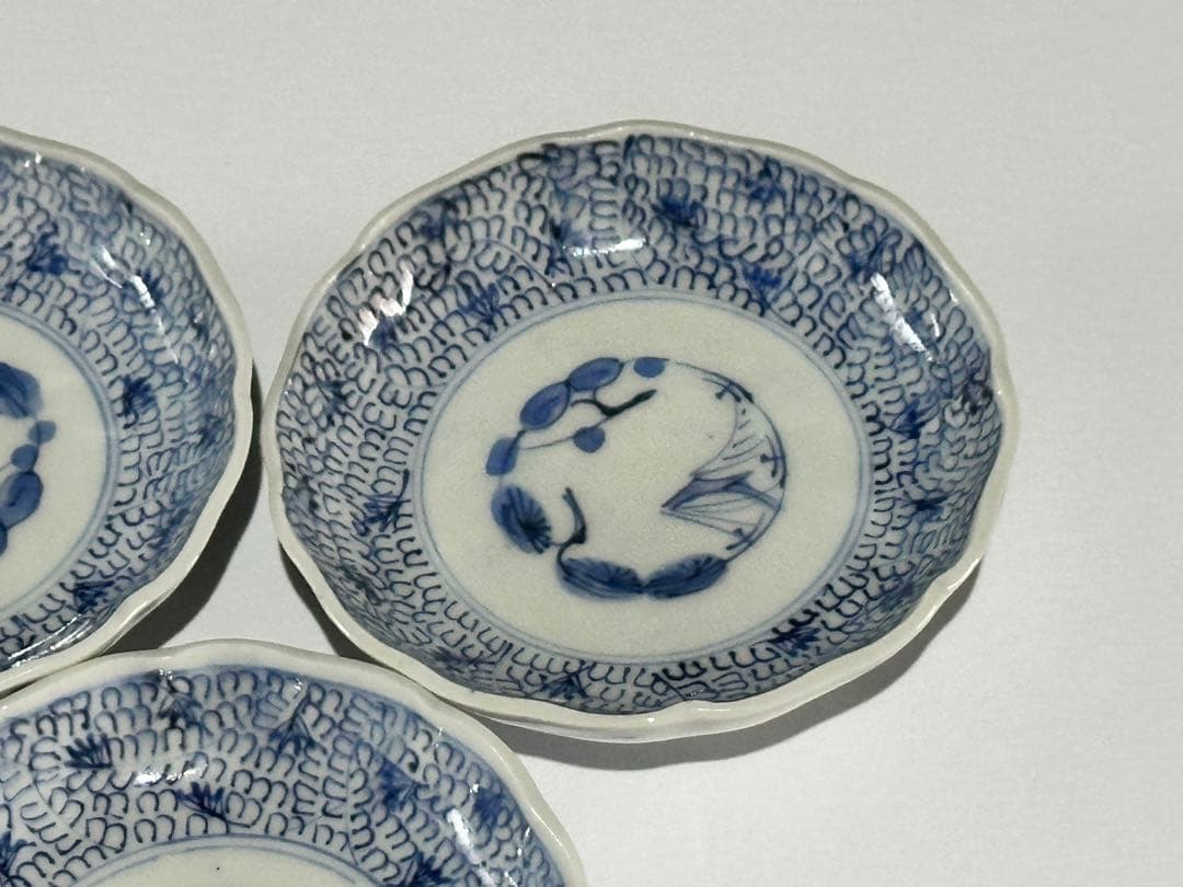 江戸期 古伊万里 染付 微塵唐草文様 輪花豆皿 小皿 3枚