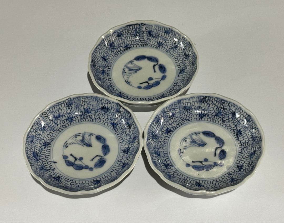 江戸期 古伊万里 染付 微塵唐草文様 輪花豆皿 小皿 3枚