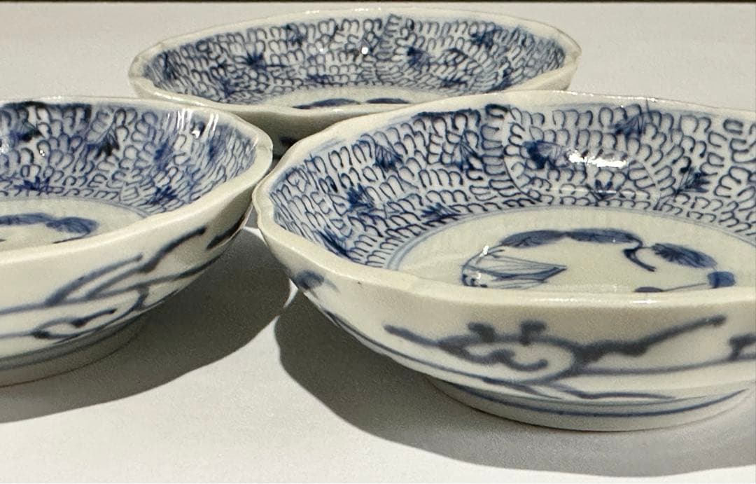 江戸期 古伊万里 染付 微塵唐草文様 輪花豆皿 小皿 3枚