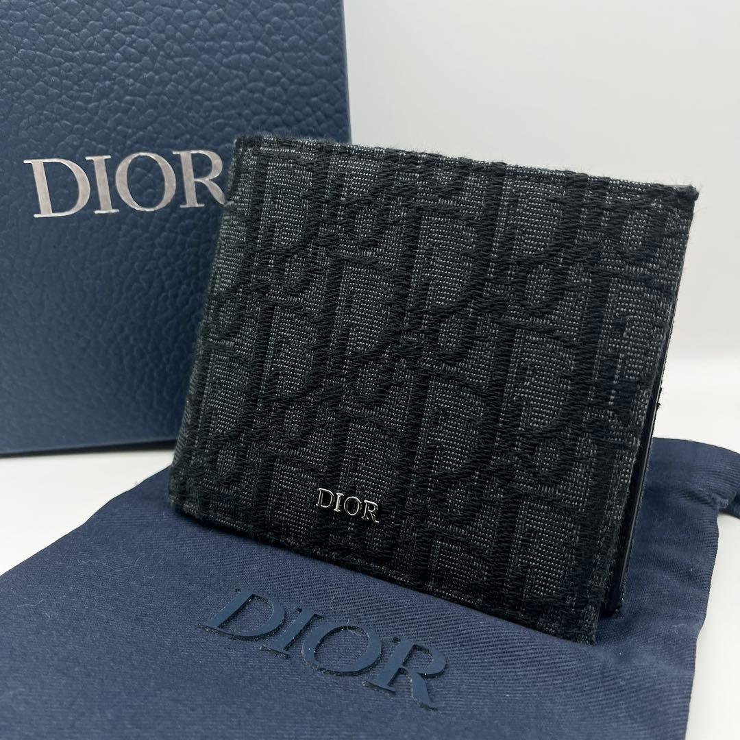 ディオール　二つ折り財布　オブリーク　ジャガード　ブラック　ロゴ金具　イタリア製
