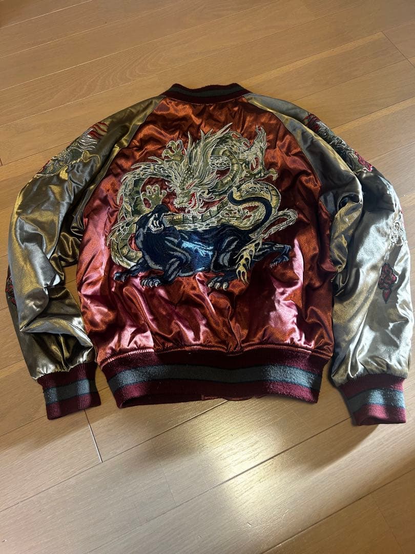 スカジャン 赤と金 ドラゴン虎刺繍