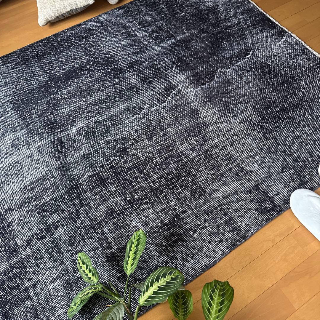 110×203 ブラックグレイオーバーダイ　ワンカラー　トルコヴィンテージラグ