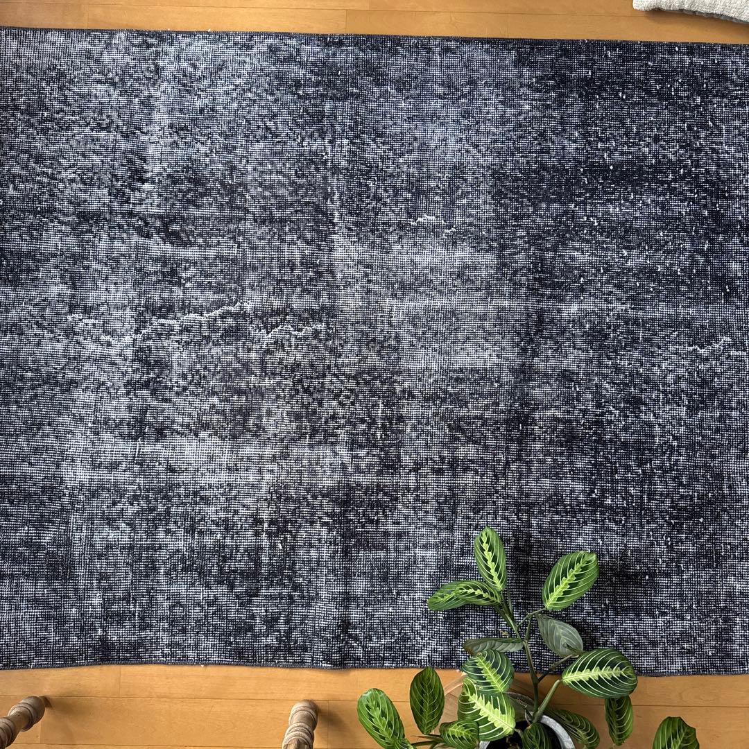 110×203 ブラックグレイオーバーダイ　ワンカラー　トルコヴィンテージラグ