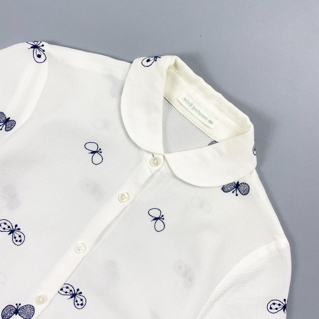 美品 ミナペルホネン 丸襟ブラウス 蝶々刺繍 ホワイト サイズ38*GD26