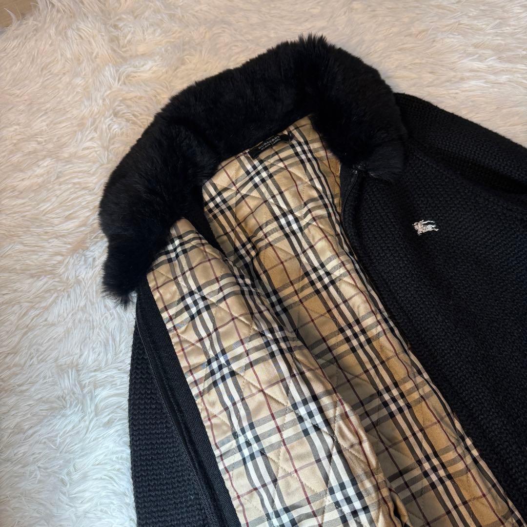 BURBERRY BLACK LABEL厚手ニットファー付 ノバチェック 黒 2