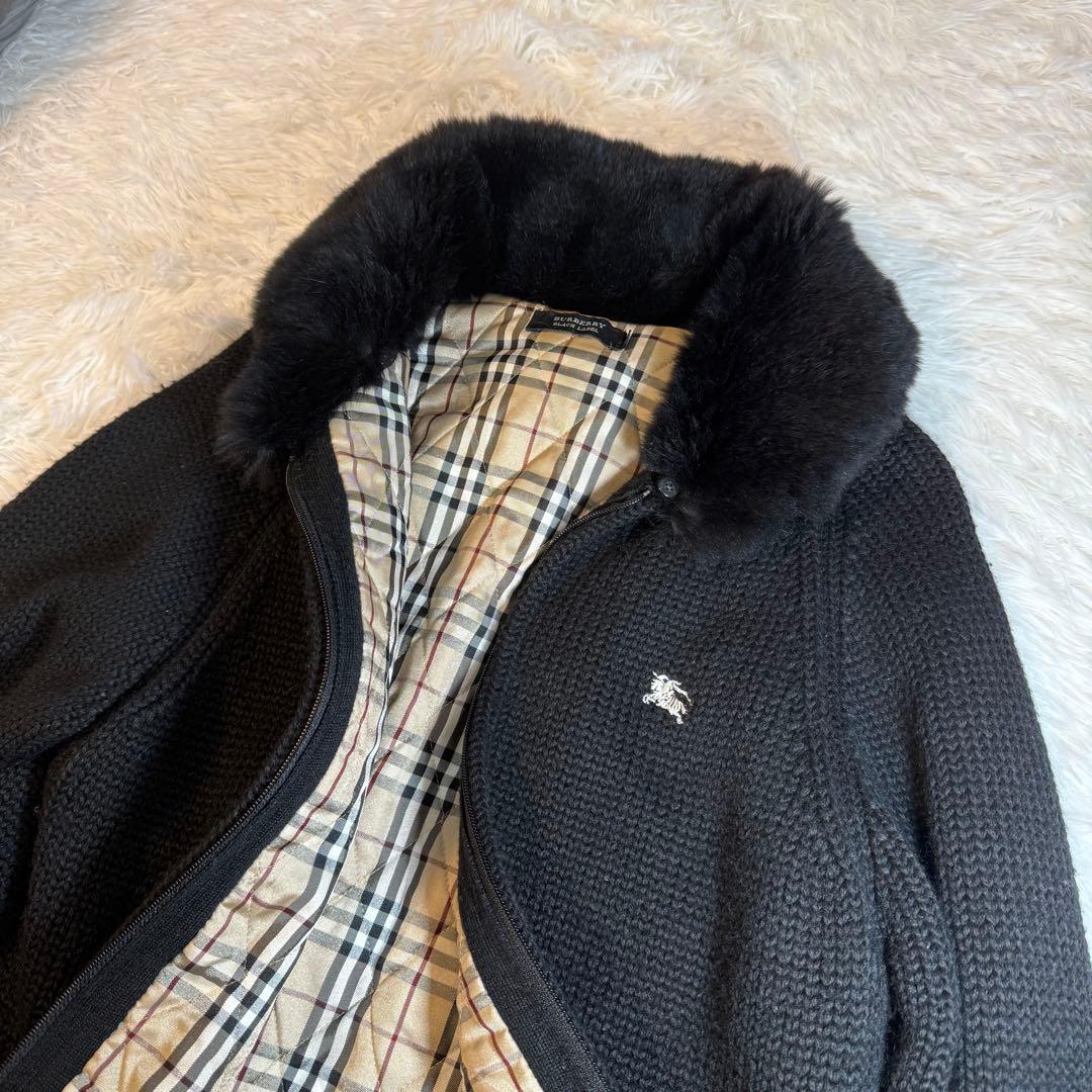BURBERRY BLACK LABEL厚手ニットファー付 ノバチェック 黒 2