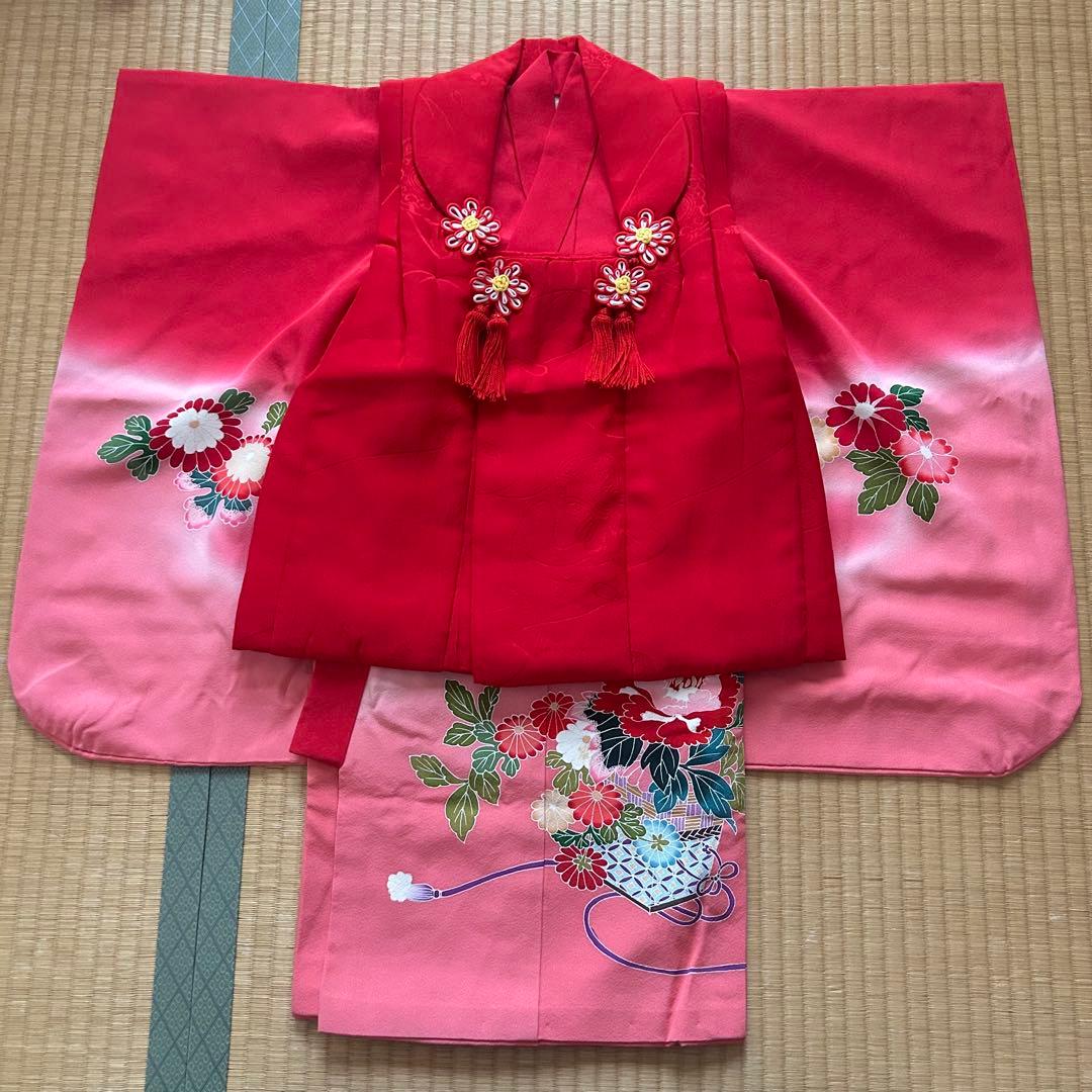 七五三 3歳 着物 被布 絹 三歳 赤 ピンク 753 子供着物