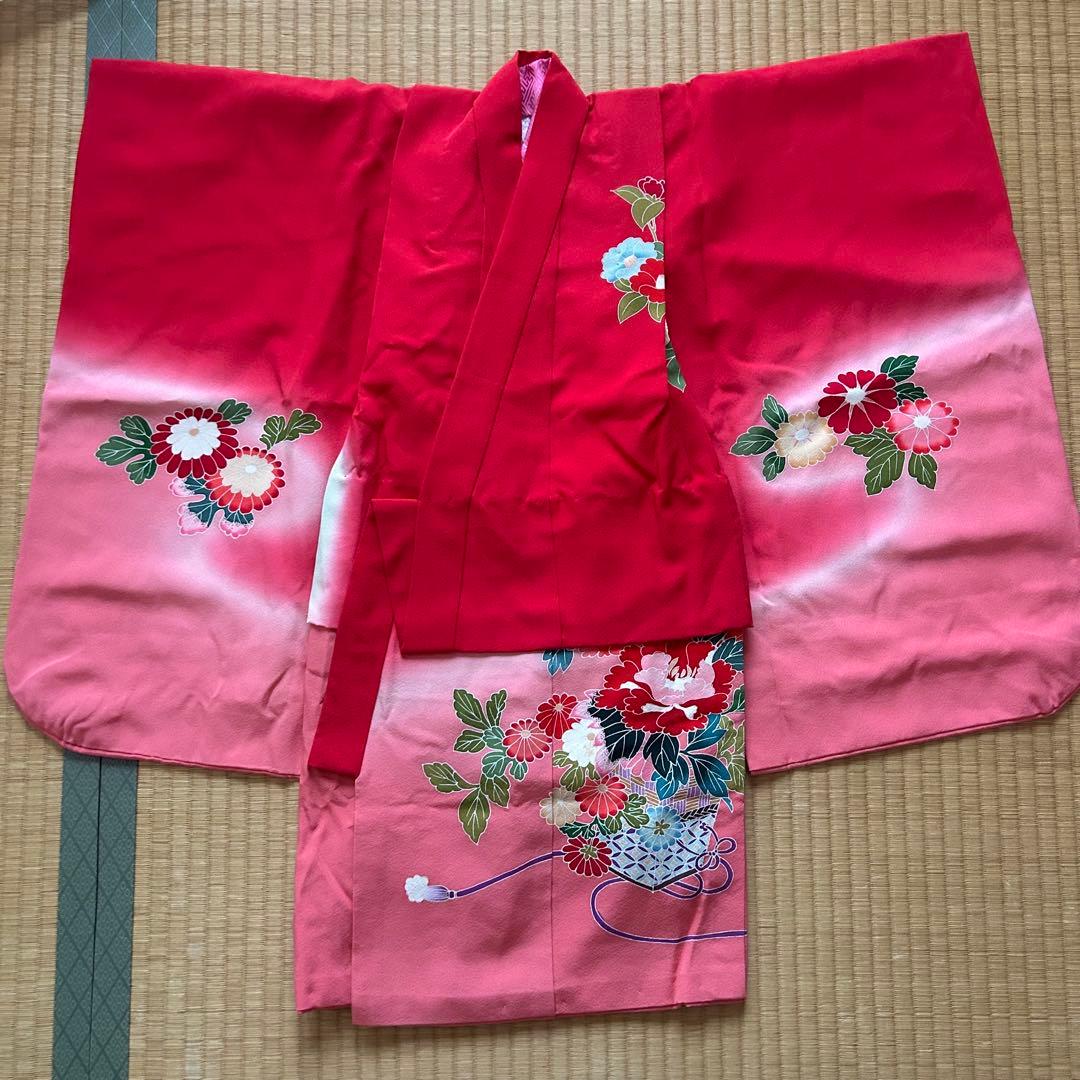 七五三 3歳 着物 被布 絹 三歳 赤 ピンク 753 子供着物