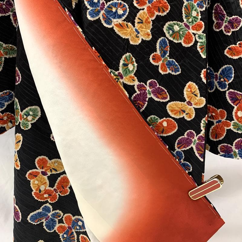 511ag40□七五三 七歳 女児 着物&袋帯 総柄 蝶文様 黒□美品