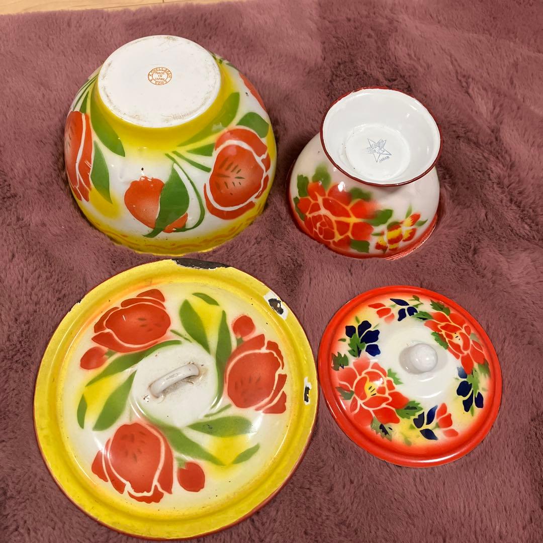 花柄ボウルセット 蓋付き 大中　ホーロー　アンティーク　ビンテージ