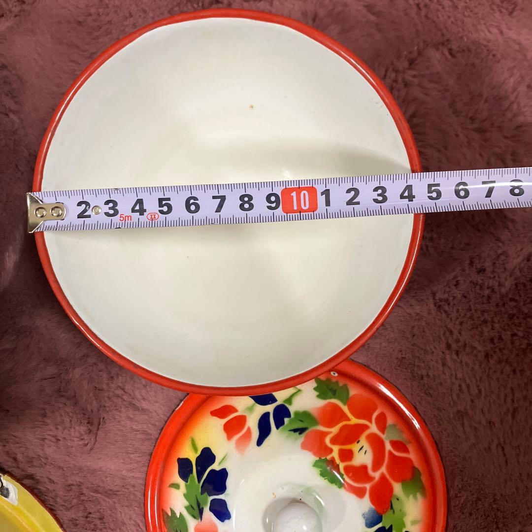 花柄ボウルセット 蓋付き 大中　ホーロー　アンティーク　ビンテージ