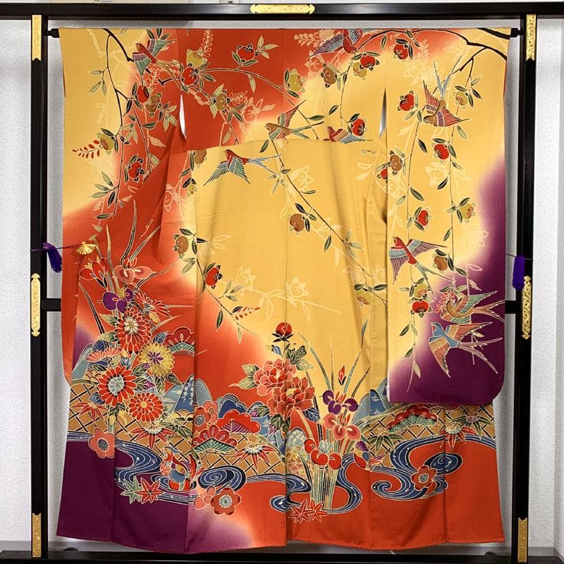 512z3〇小柄な方にも 紅型振袖 菊 橘 鳥 辛子色〇美品 成人式 結婚式