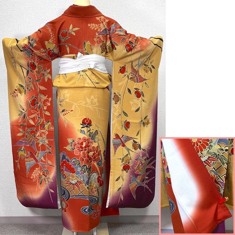 512z3〇小柄な方にも 紅型振袖 菊 橘 鳥 辛子色〇美品 成人式 結婚式