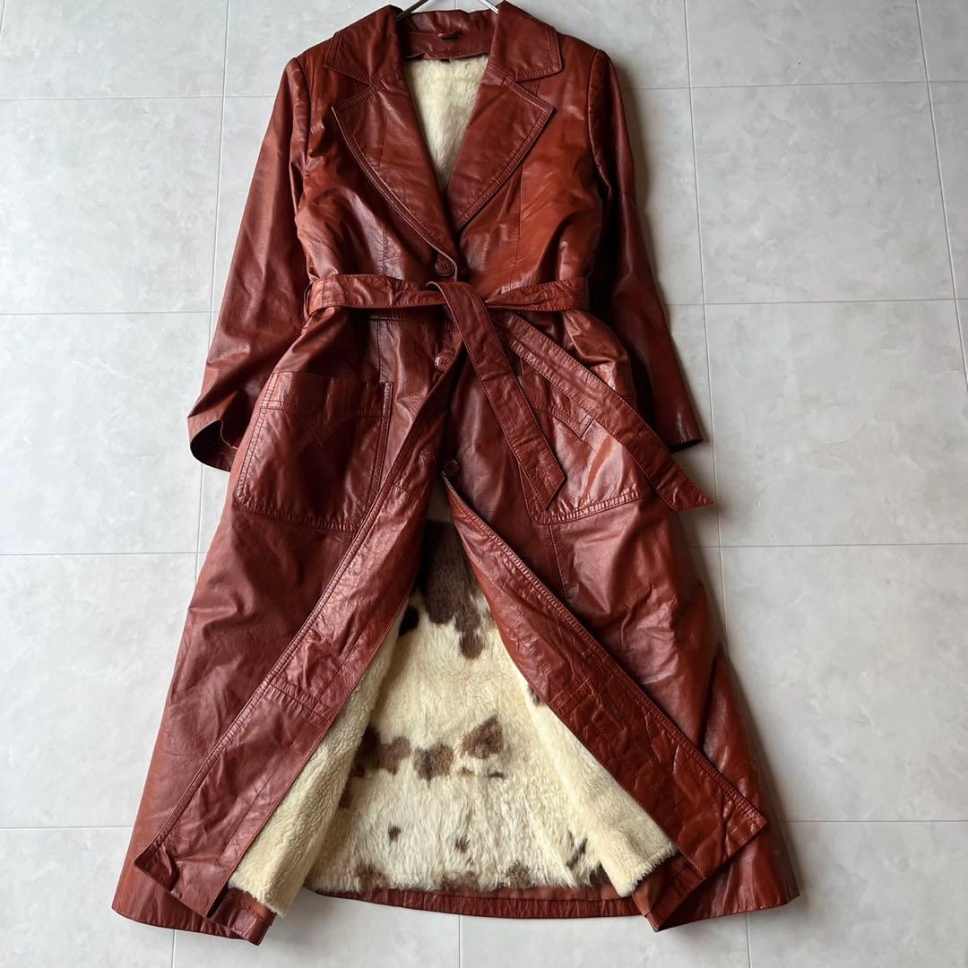 ヴィンテージ リアルレザー ロングコート ブラウン 11 L 裏地牛柄 アニマル