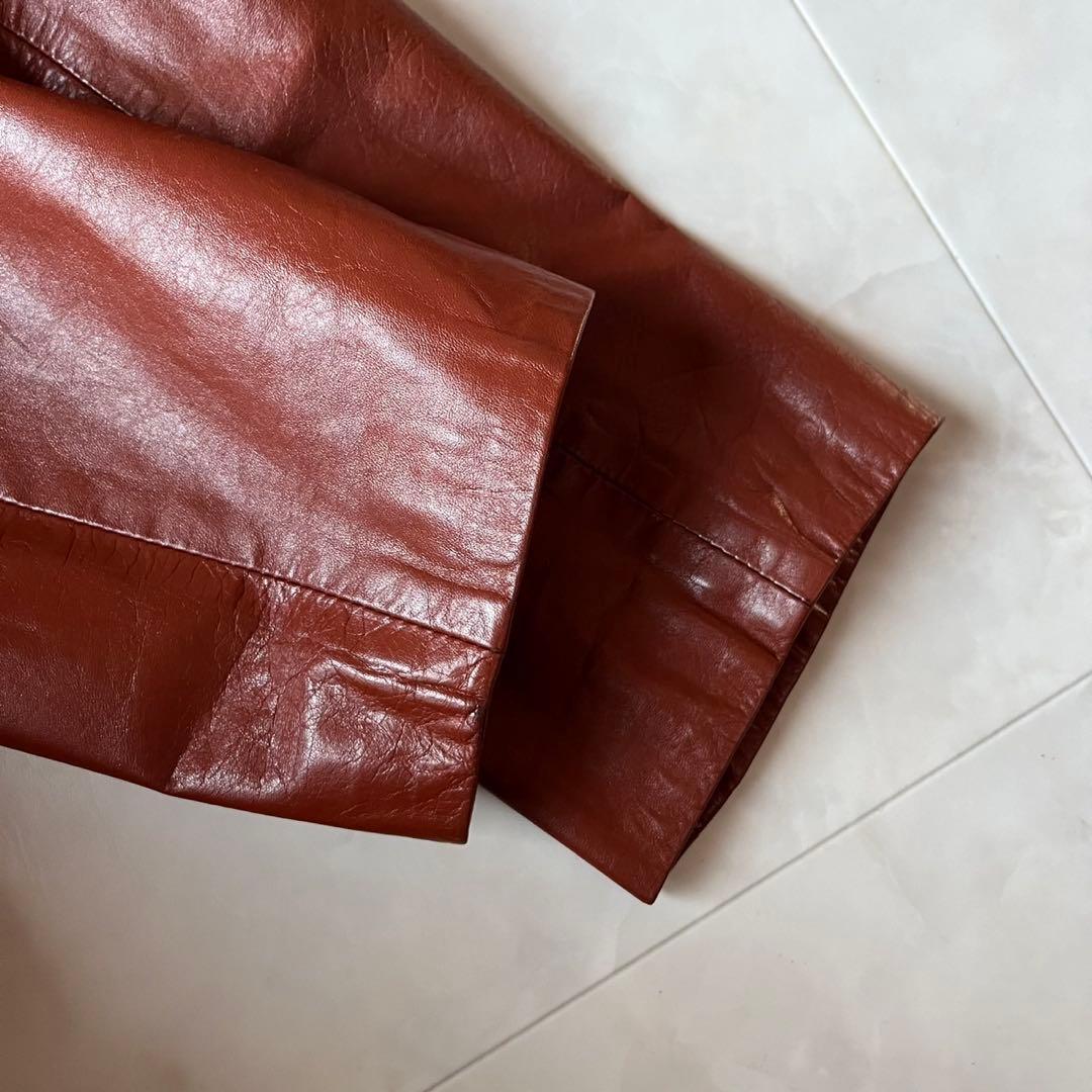 ヴィンテージ リアルレザー ロングコート ブラウン 11 L 裏地牛柄 アニマル