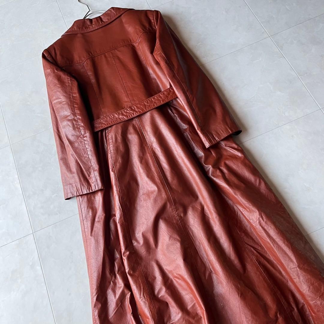 ヴィンテージ リアルレザー ロングコート ブラウン 11 L 裏地牛柄 アニマル