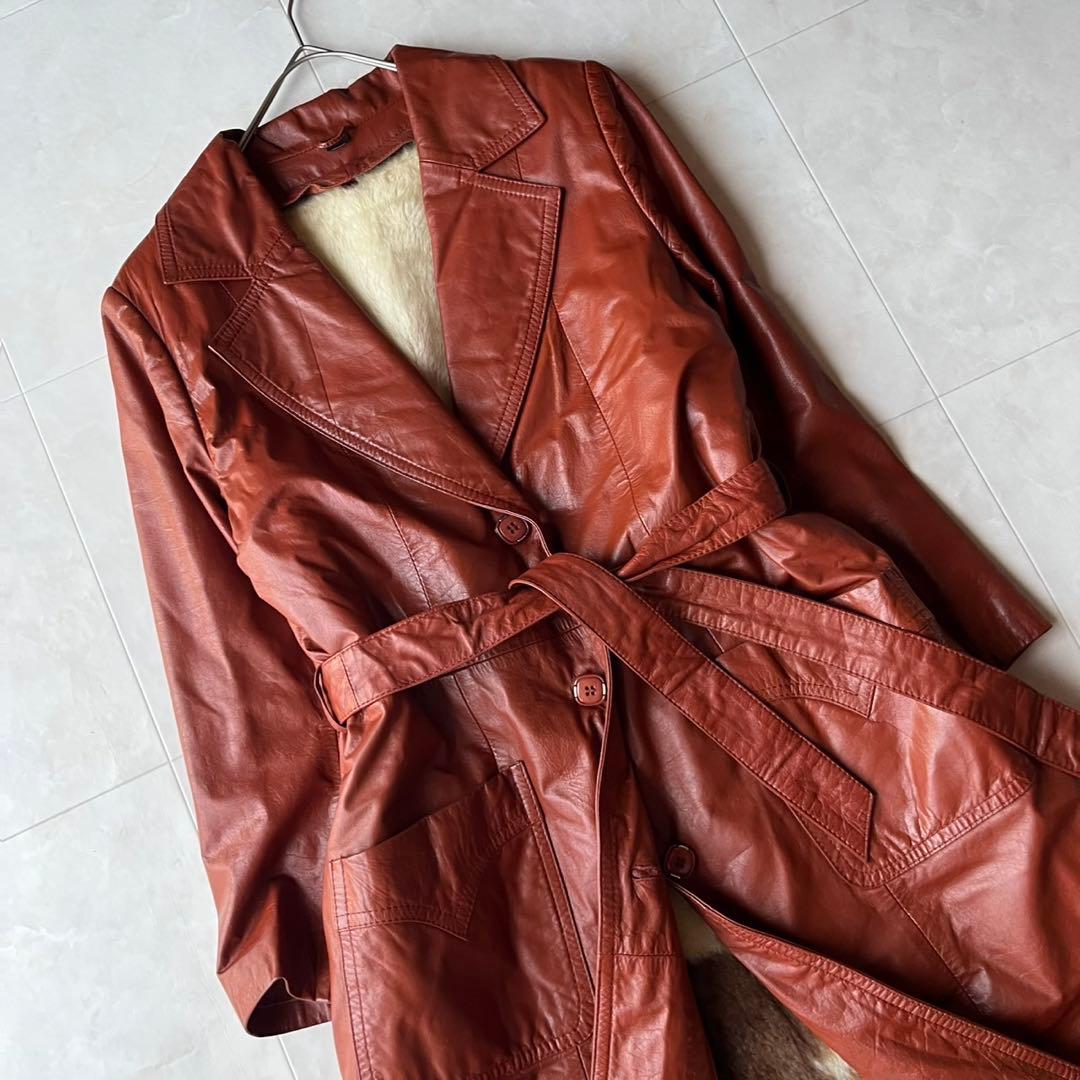 ヴィンテージ リアルレザー ロングコート ブラウン 11 L 裏地牛柄 アニマル