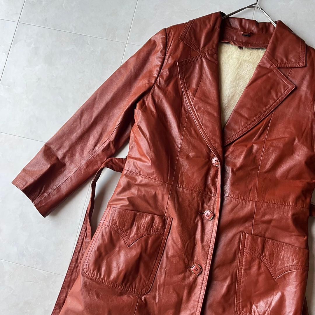 ヴィンテージ リアルレザー ロングコート ブラウン 11 L 裏地牛柄 アニマル