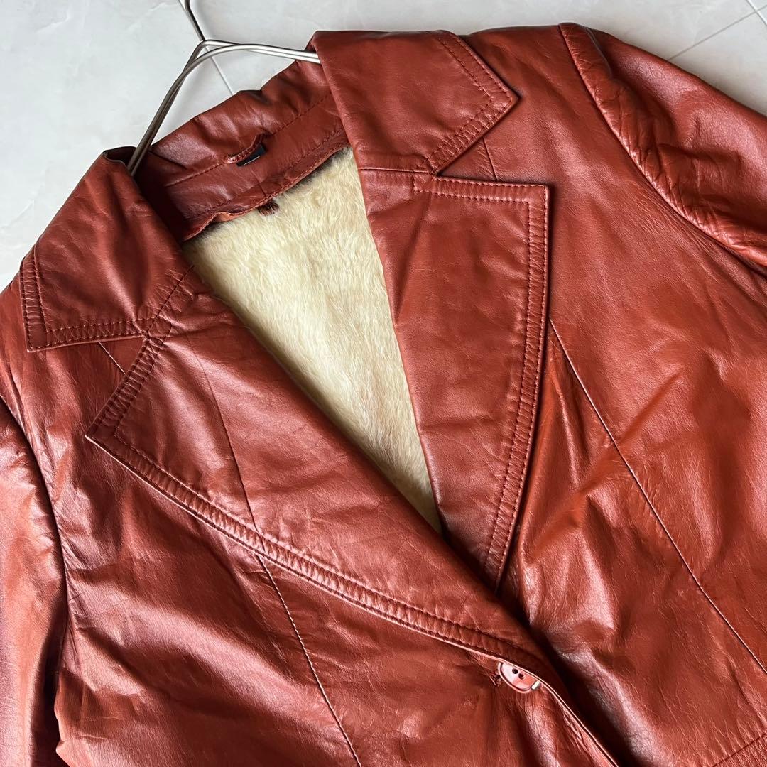 ヴィンテージ リアルレザー ロングコート ブラウン 11 L 裏地牛柄 アニマル