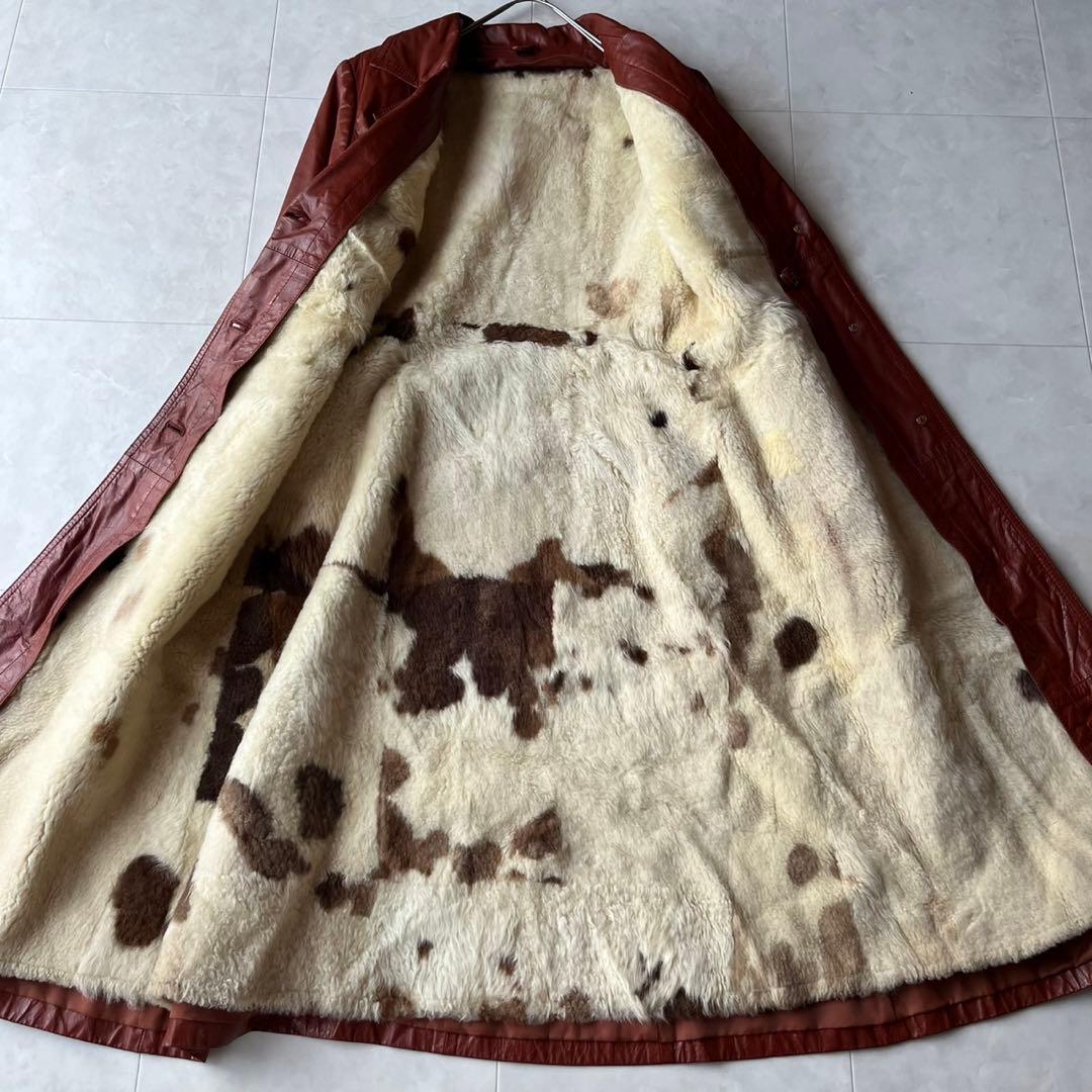 ヴィンテージ リアルレザー ロングコート ブラウン 11 L 裏地牛柄 アニマル