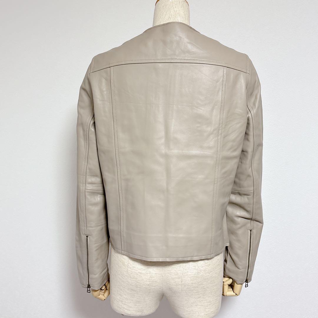 美品 もりのがっこう レディース 長袖 ノーカラー レザー ジャケット 羊革 Ｌ