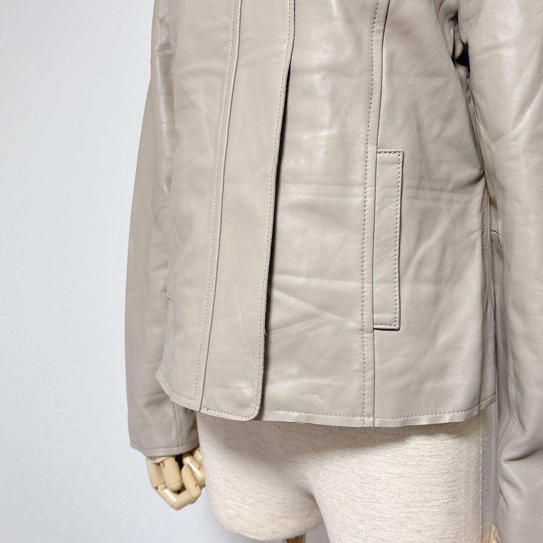 美品 もりのがっこう レディース 長袖 ノーカラー レザー ジャケット 羊革 Ｌ