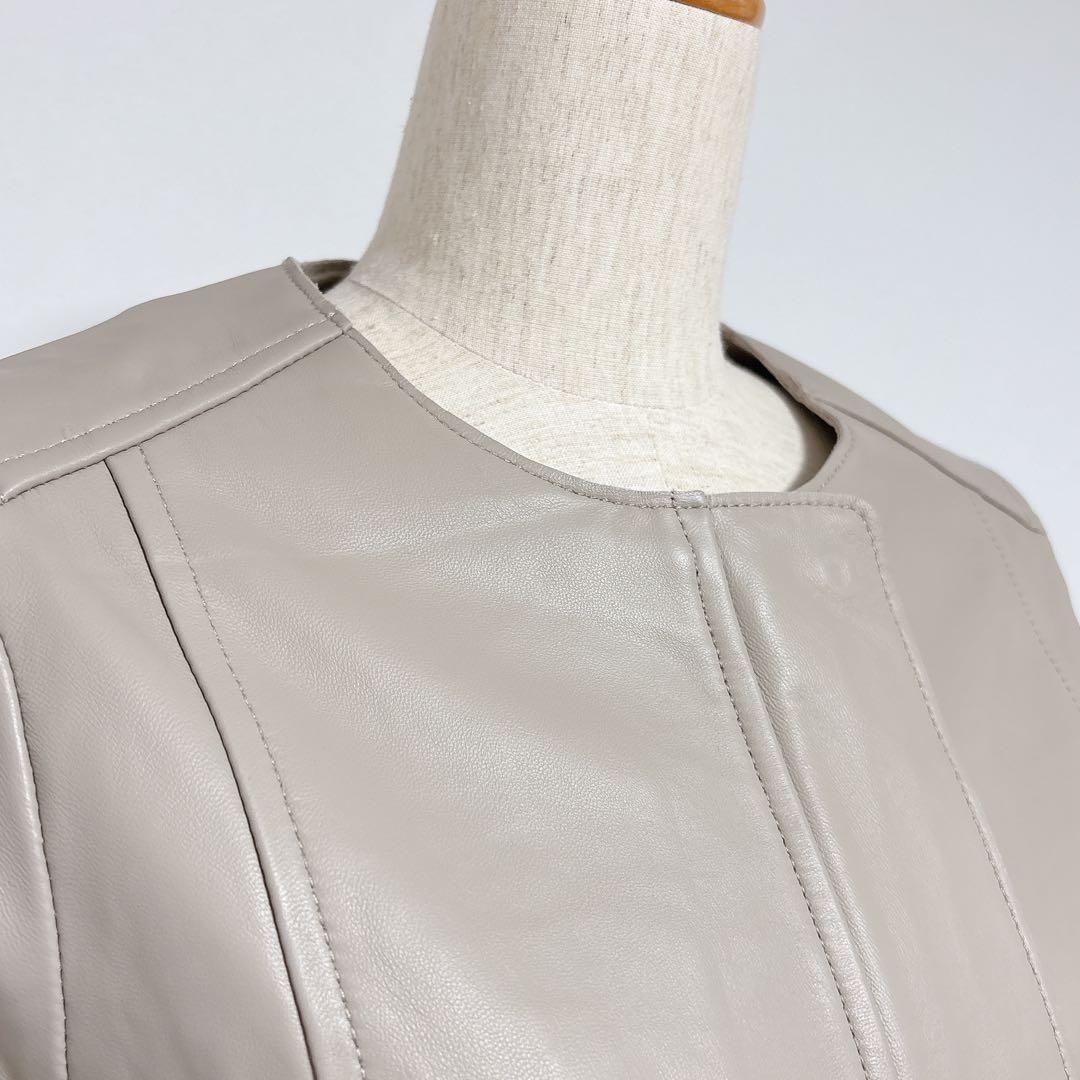 美品 もりのがっこう レディース 長袖 ノーカラー レザー ジャケット 羊革 Ｌ