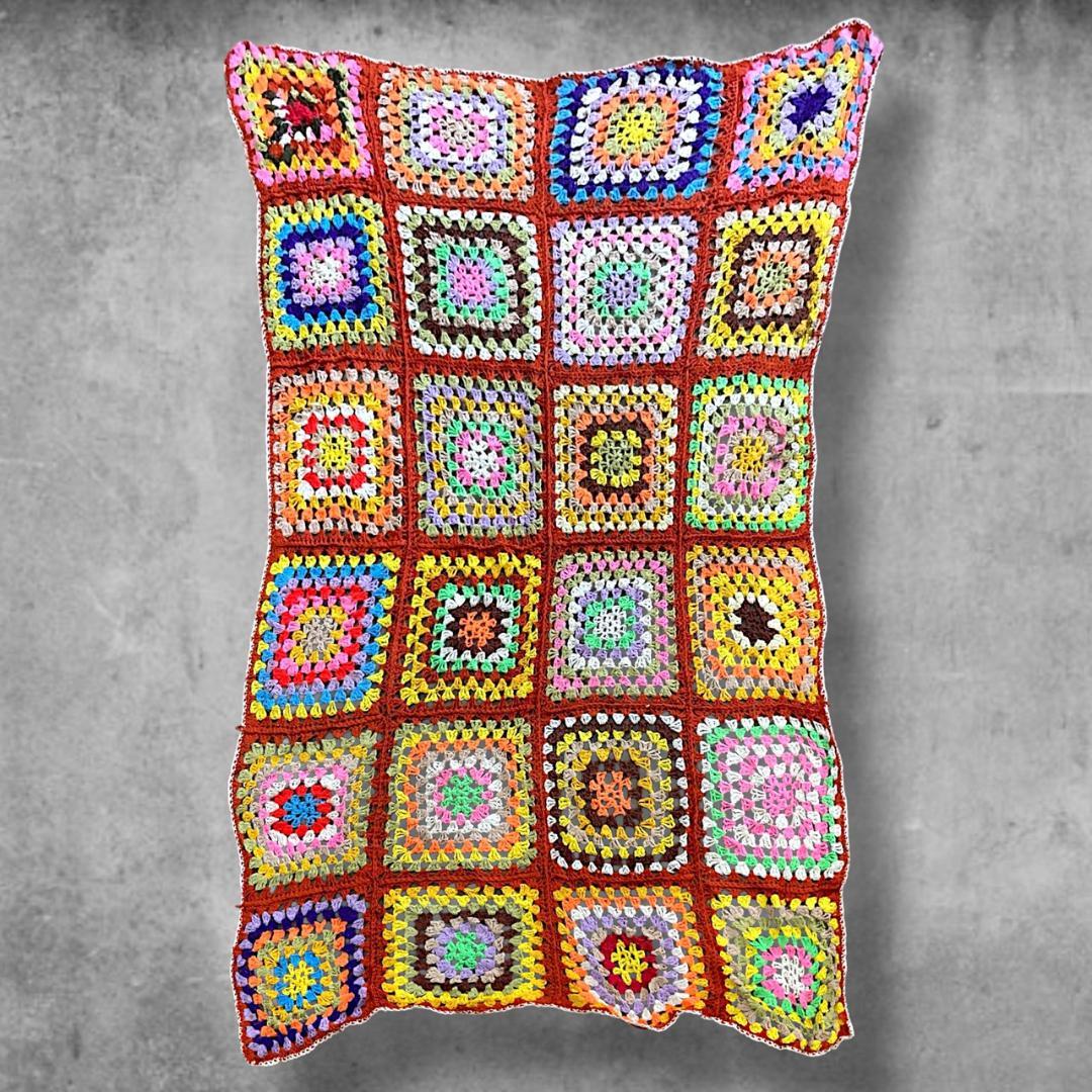 BQJO クロシェ ニット ラグ ビンテージ グラニースクエア マルチカラー F