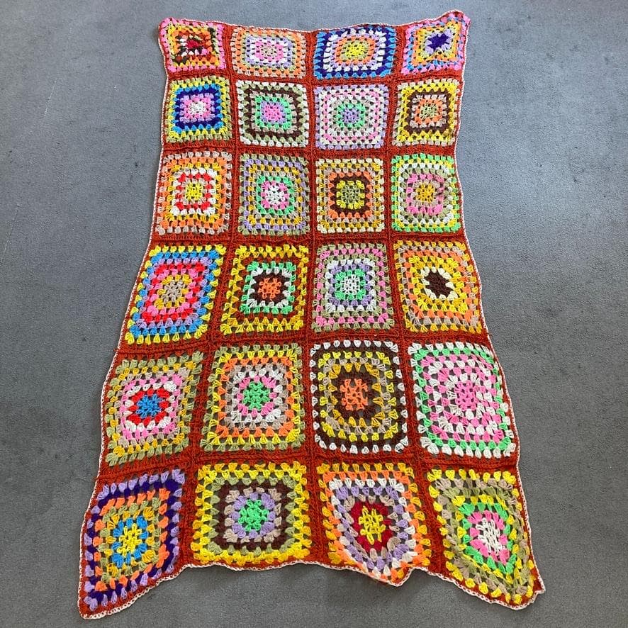 BQJO クロシェ ニット ラグ ビンテージ グラニースクエア マルチカラー F