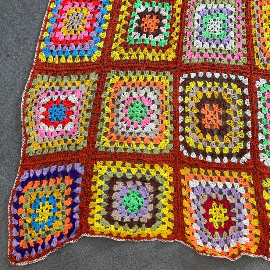 BQJO クロシェ ニット ラグ ビンテージ グラニースクエア マルチカラー F