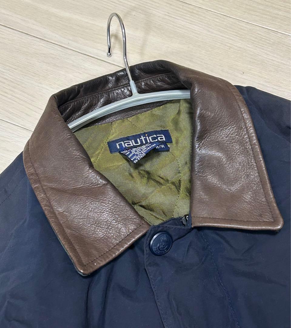 Nautica ノーティカ　襟レザー　ブルゾン　ジャケット　M ネイビー　古着