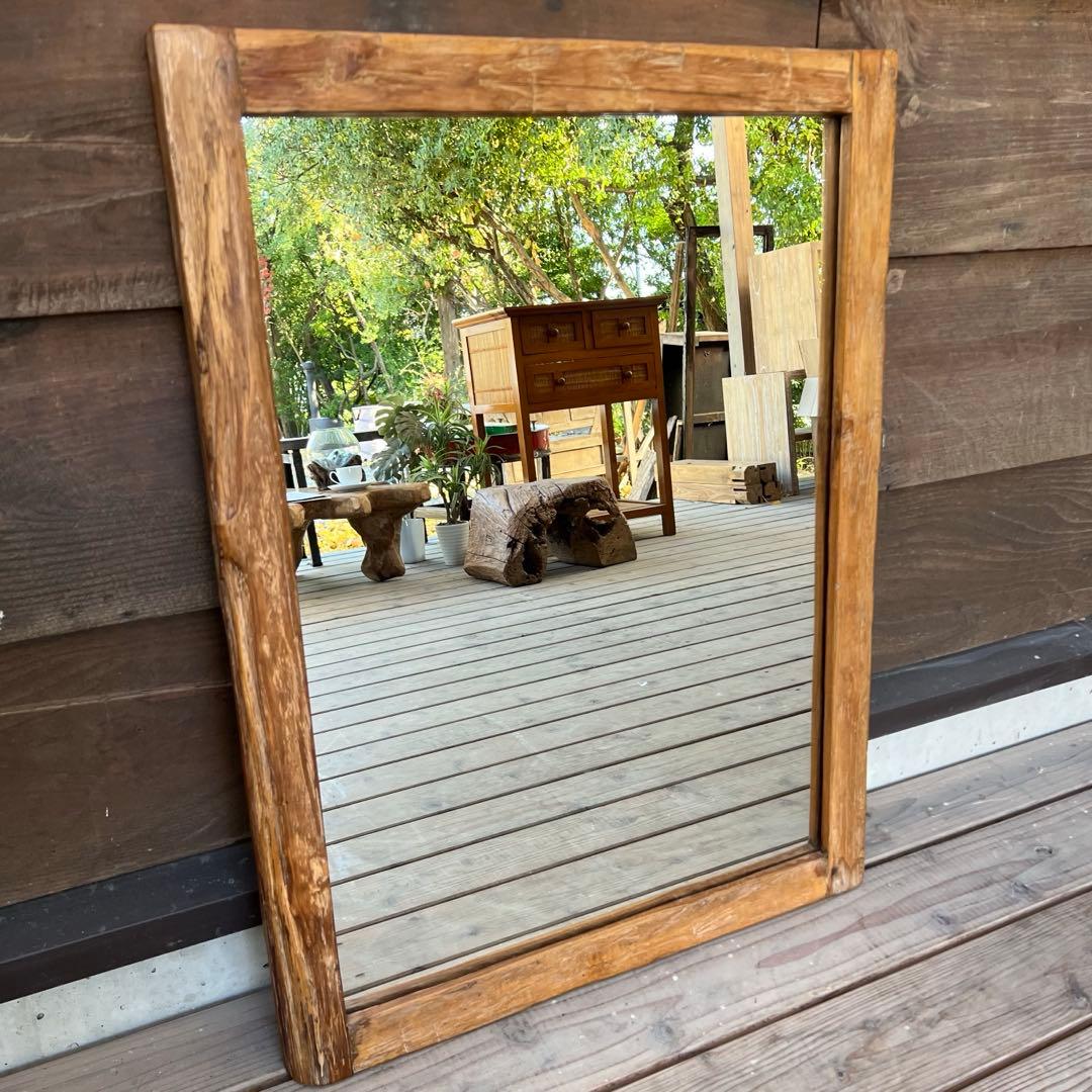 一点物 オールドチーク材の壁掛け鏡 80cm × 60cm 木製フレーム 無垢材