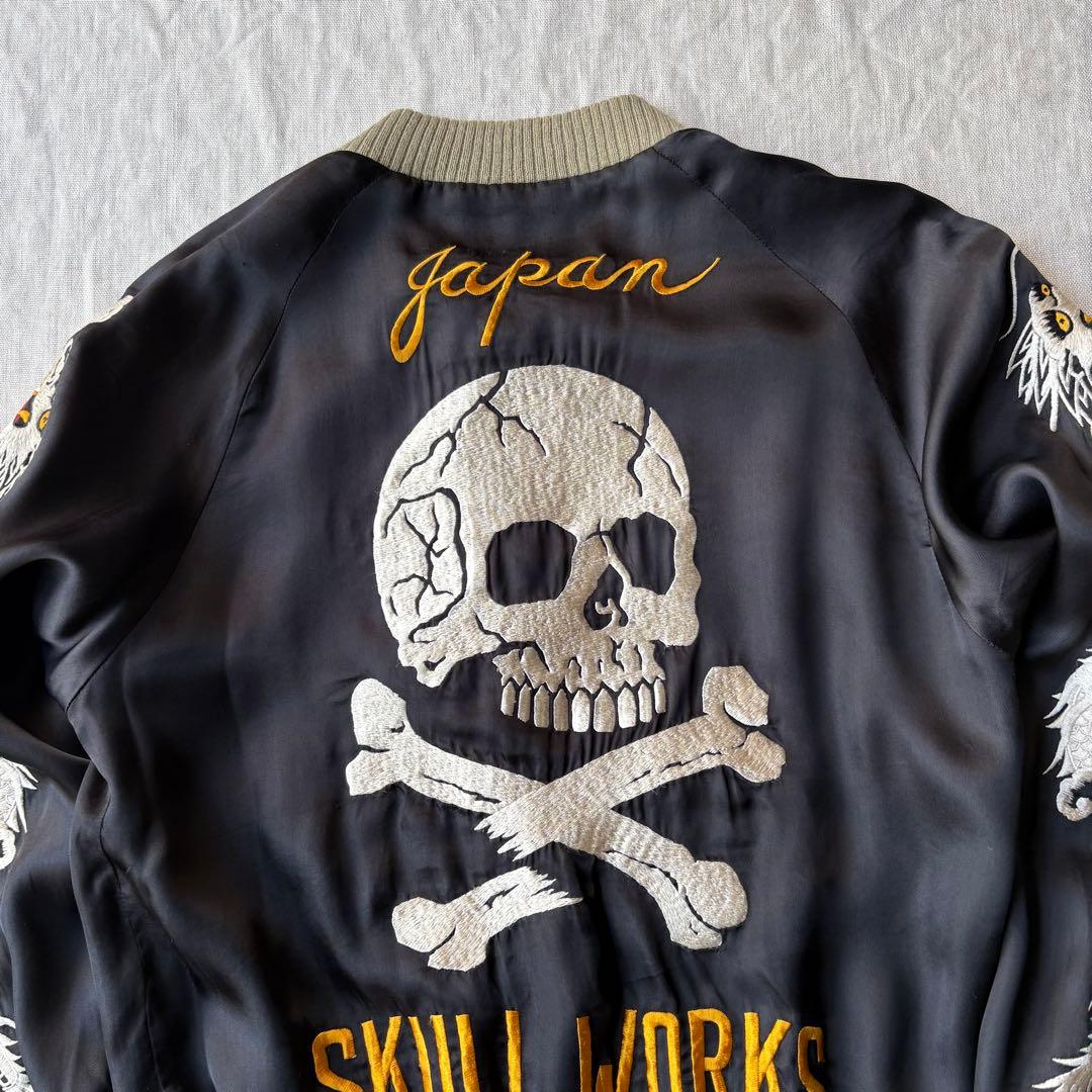 SKULL WORKS スカル 骸骨 龍 刺繍 スカジャン ブラック レーヨン