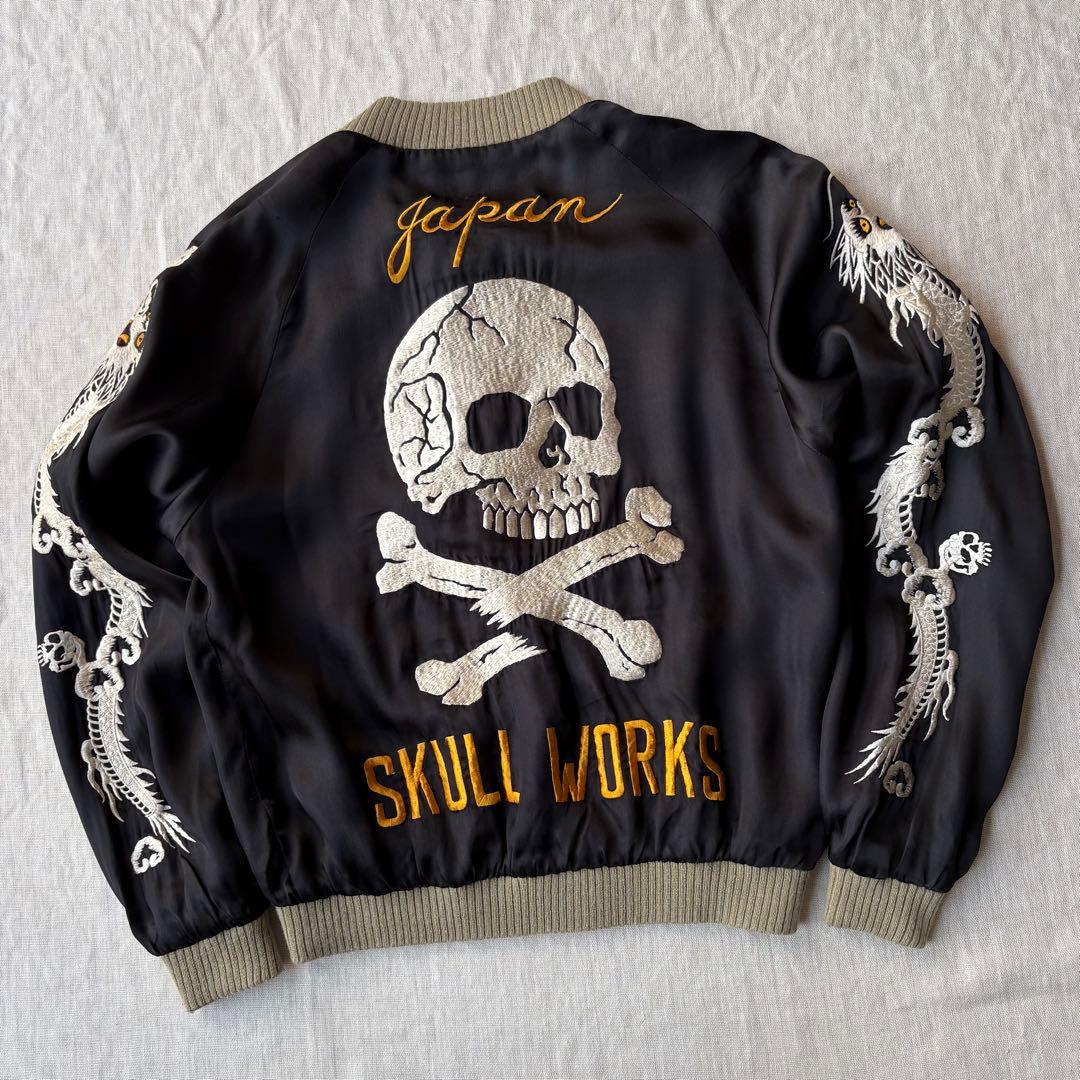 SKULL WORKS スカル 骸骨 龍 刺繍 スカジャン ブラック レーヨン