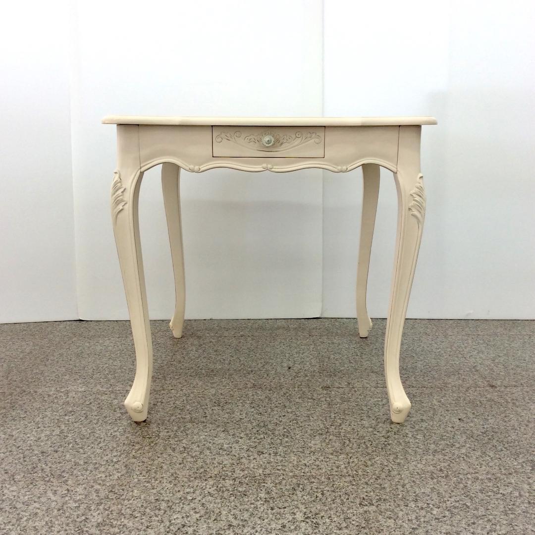 ダイニングテーブル ホワイト 猫脚 アンティーク ロココ調 引き出し付