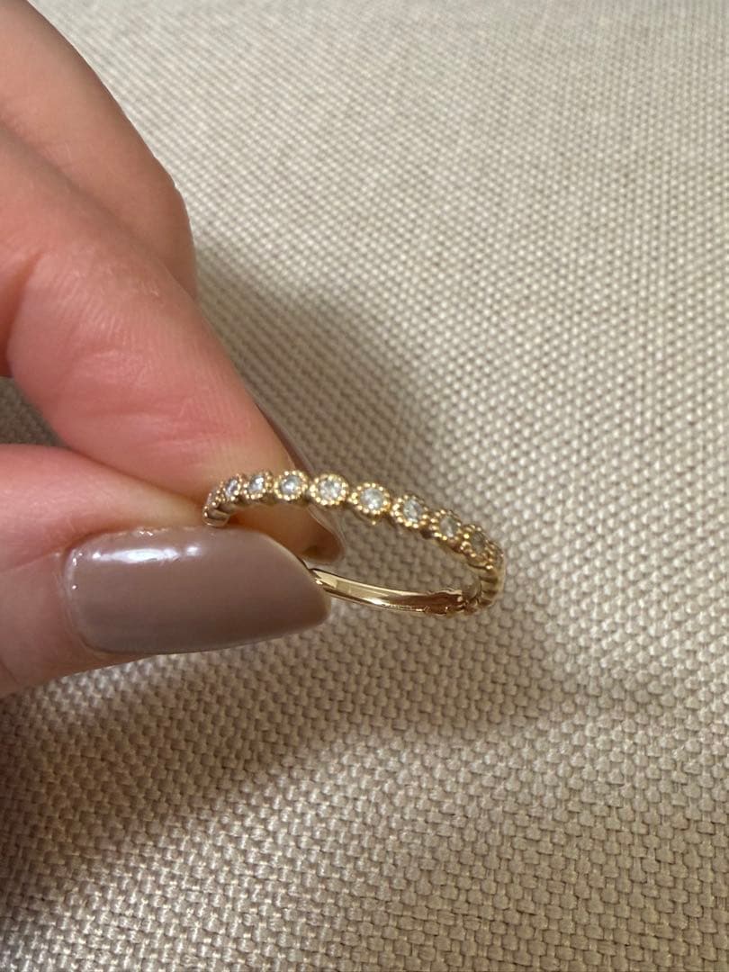 美品★アガット K10 フリルリング 9号 ダイヤモンド ハーフエタニティ