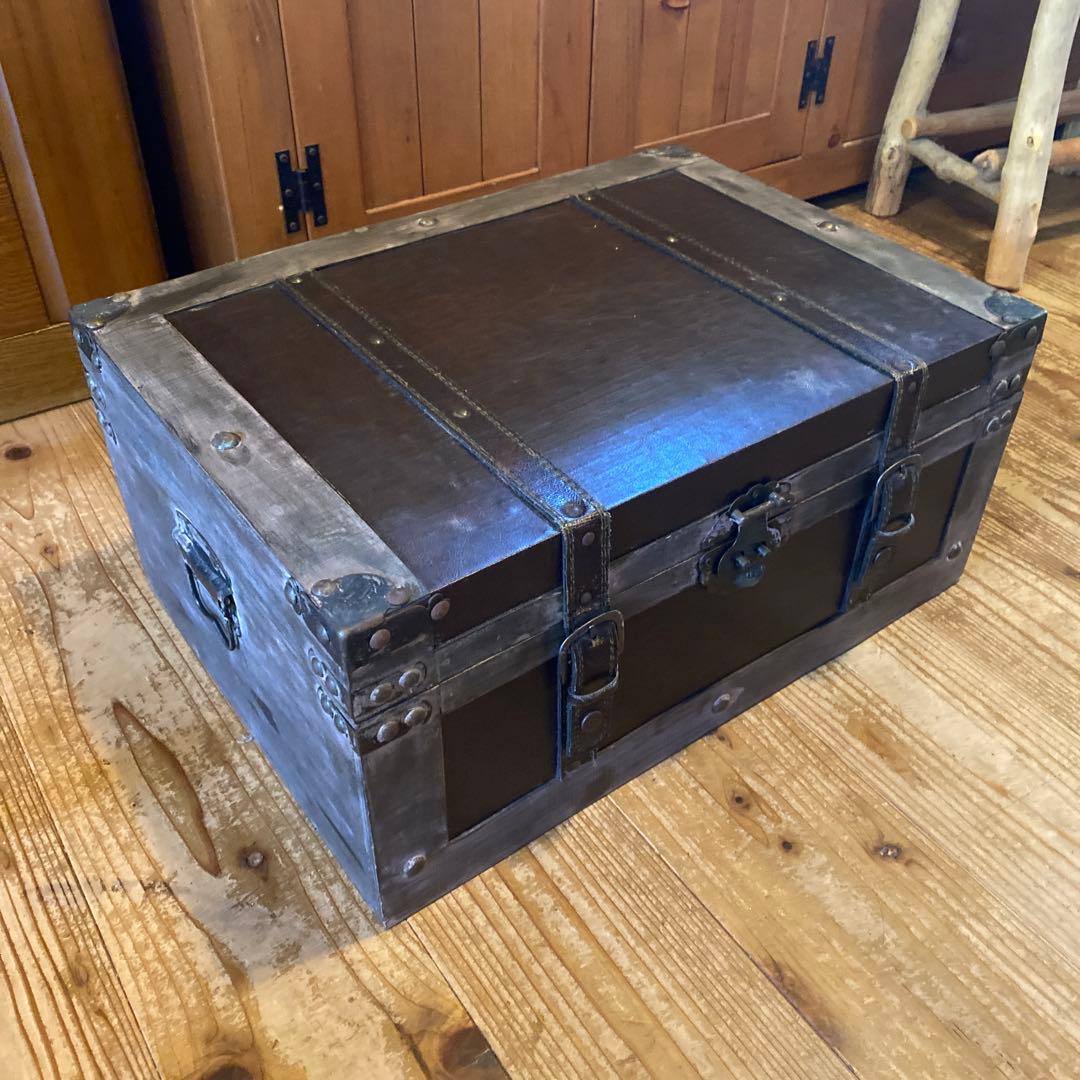 アンティーク調　レザー木箱　革張り　ケース　ボックス　蓋付き　トランク風