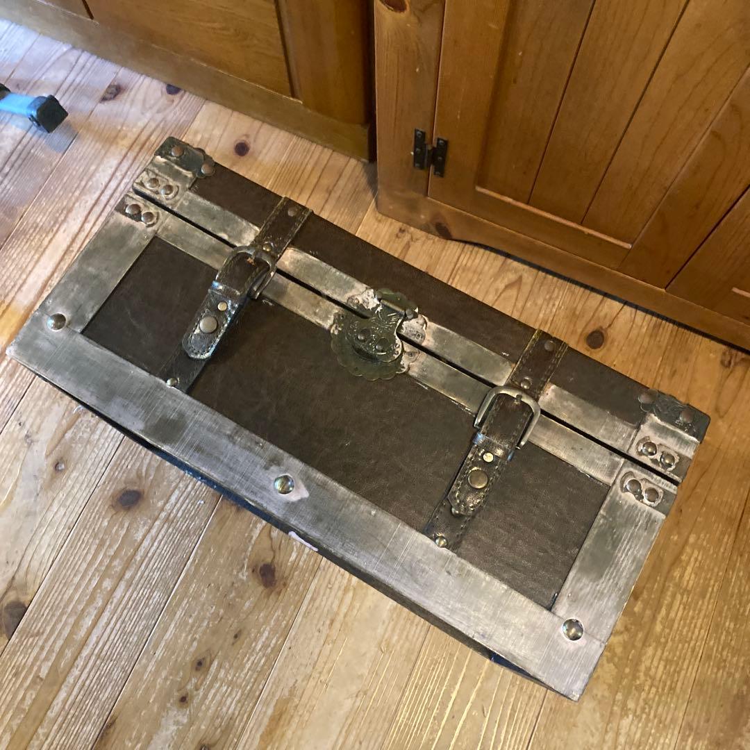 アンティーク調　レザー木箱　革張り　ケース　ボックス　蓋付き　トランク風