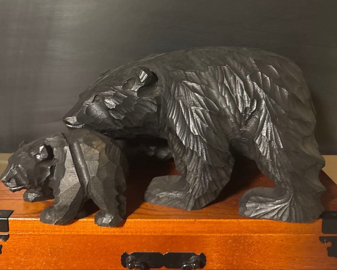 木彫り 熊 親子 置物 1963年刻印 民芸 北海道風 ヴィンテージ