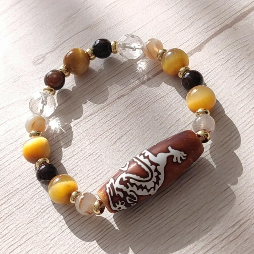 龍神天珠とゴールドルチル・ゴールデンタイガーアイ・天眼石のパワーストーン ブレス